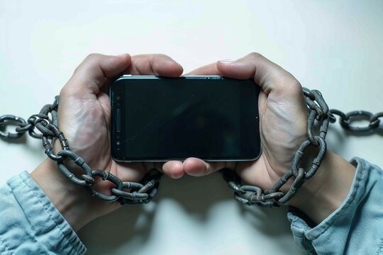 Digital confinement Hands bound by a chain to mobile phone