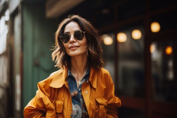 Portrait of a beautiful young woman in a yellow coat and sunglasses.
