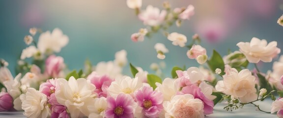 Spring floral composition made of fresh colorful flowers on light pastel background