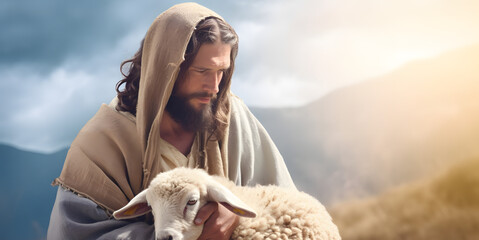 Jesus recovered lost sheep carrying it in his arms. Biblical story conceptual theme. religion, faith concept - obrazy, fototapety, plakaty