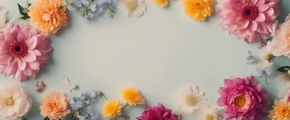 Spring floral composition made of fresh colorful flowers on light pastel background