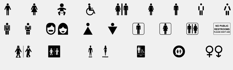 Toilet line icon set. WC sign. Men,women,mother with baby and handicap symbol. Restroom for male, female, transgender, disabled. Vector graphics - obrazy, fototapety, plakaty