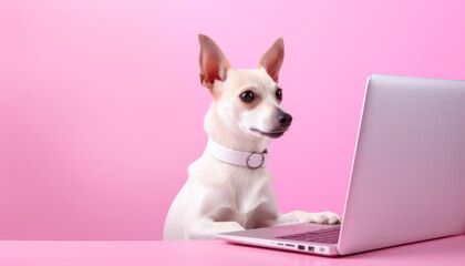 the dog is working on a laptop on a pink background
