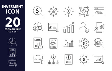 Investment line icon set. Investment, Profit, Asset, Investor, Portfolio, Dividend, Capital, Risk, Inflation icons vector, icon, analysis, asset, bond, economy, education, estate, finance, fund, gain,