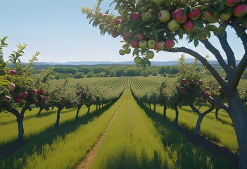 View of a fruitful apple orchard with trees and fruits. View of an agricultural field. Apple trees. Natural example of a farm with a green field. Sustainable agriculture. - obrazy, fototapety, plakaty
