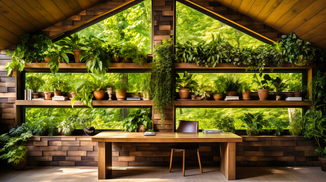 Botanical Haven: Outdoor Wooden Plant Display with Beautiful Foliage, Greenery, and Natural Design.