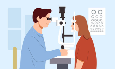 Ophthalmologist Checks Vision of Young Woman. Ophthalmology Medicine and Optical Eyesight Examination. Optical Eye Test and Care. Vector Illustration in Flat Style.