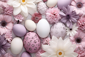 Obraz na płótnie Canvas monochromatic Easter eggs and flowers on a white background. Happy Easter card