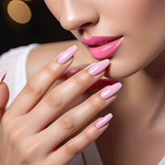 Fingers of a young woman's hand with beautiful pearlescent nail polish, Creative manicure with gel polish in a luxury beauty salon, Nail art and design, French manicure