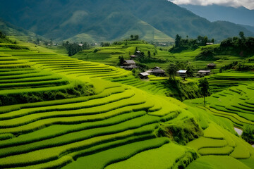 Obraz premium Landscape of green rice terraces amidst mountain agriculture. Travel destinations in Chiangmai, Thailand. Terraced rice fields. Traditional farming. Asian food. Thailand tourism. Nature landscape.