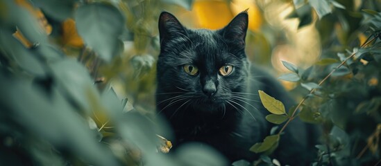 Black cat in garden with black nose and mouth.