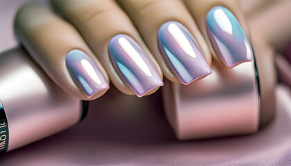 Fingers of a young woman's hand with beautiful pearlescent nail polish, Creative manicure with gel polish in a luxury beauty salon, Nail art and design, French manicure