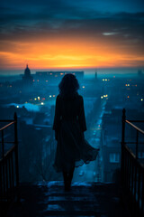 Fototapeta premium Silhouette of a girl in a long dress on the background of the city at sunset
