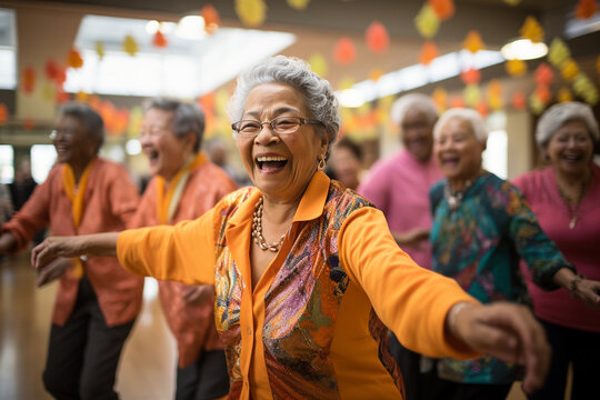 A spirited group of seniors engaging in a lively dance class, celebrating the joy of movement and staying active together.