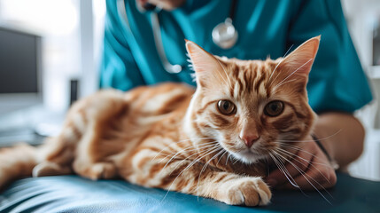 Female veterinarian holds sick cat close-up. Diagnostics of pets health clinic concept