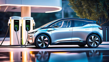 Charging a car at an electric vehicle charging station, Electric vehicle charging station to charge an electric vehicle battery, Clean energy, Sustainable transportation, Green eco-friendly technology