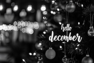 Christmas greeting card with text Hello December on bokeh background.