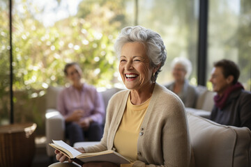 An elderly woman participating in a group book club, discussing literature and fostering intellectual conversations with peers. - obrazy, fototapety, plakaty