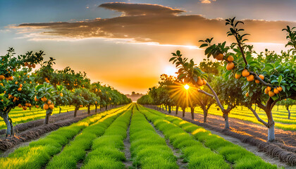 Morning view of fruit bearing orange orchard with trees in USA, view of agricultural field, Orange trees, Natural example of farm with green field, Beauty in nature, Sustainable agriculture,
