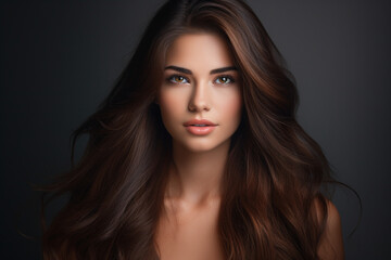 Fototapeta premium Portrait of a beautiful brunette woman with long straight hair 