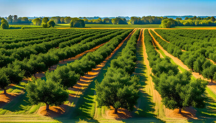 Morning view of fruit bearing orange orchard with trees in USA, view of agricultural field, Orange...