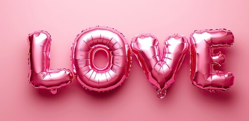 Pink inflatable letters spelling out the word "love". The concept of a romantic celebration.