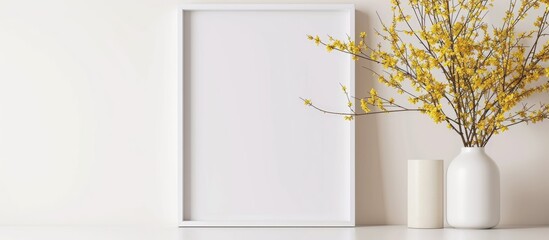 Minimal interior mockup with empty white frame and yellow flowers in vase for photo or painting.
