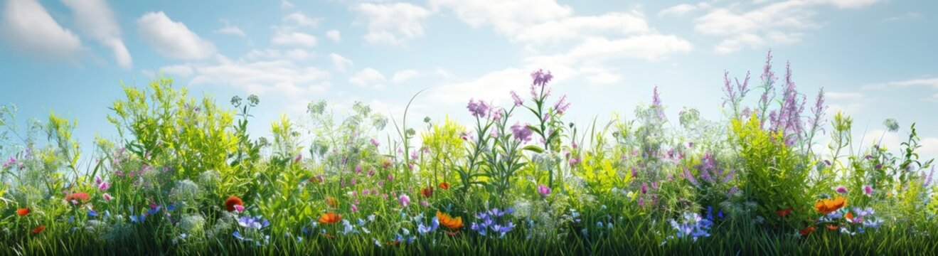 Grassy area with spring wild flower field background