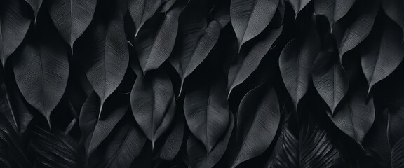 Textures of abstract black leaves for tropical leaf background. Flat lay, dark nature concept
