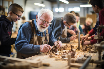 An elderly gentleman passionately teaching woodworking skills to a group of interested learners, showcasing the timeless value of craftsmanship.
