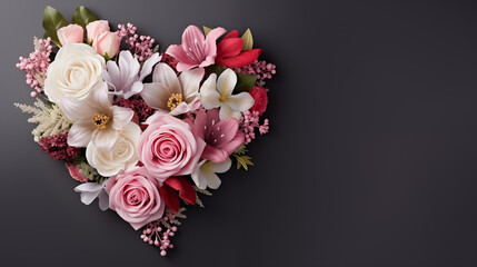 Top view arrangement of colorful flowers with heart shape placed on black background. Valentine's day, mother's day, women's Day background. Generate AI