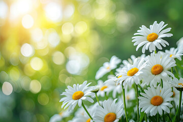 Fototapeta na wymiar Garden with daisy flowers at blurry background, closeup. Fresh summer flowers in the garden with soft sunlight for horizontal floral poster, wallpaper or holidays card.