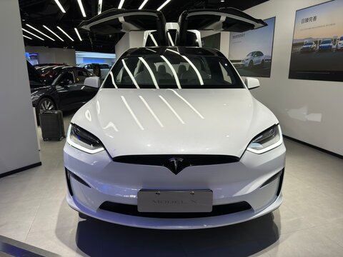 Shanghai,China-Jan.17th 2024: Tesla Model X Luxury Crossover SUV Electric Car In Store. Tesla Model X EV With Falcon Wing Doors