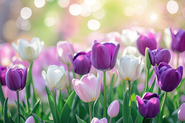 Purple and white tulips in pastel coral tints at blurry background, closeup. Fresh spring flowers in the garden with soft sunlight for your horizontal floral poster, wallpaper or holidays card.