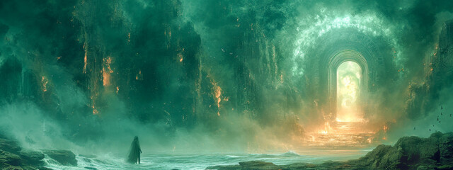 A solitary male figure, cloaked in swirling shadows, stands mesmerized before a gateway of swirling emerald light. The air crackles with arcane energy, beckoning him towards an unknown dimension.