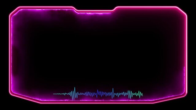 Neon gaming frame effect glowing square shape looping, black background.