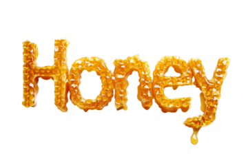 The word Honey made of honey and  isolated on a transparent background 