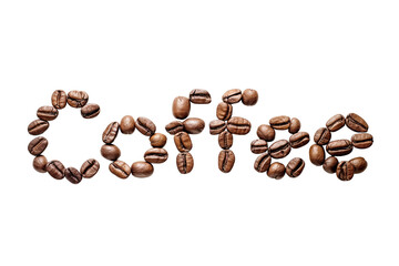 The word Coffee composed of coffee beans isolated on a transparent background 