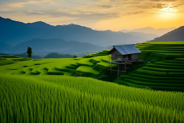 Landscape of rice terrace and hut with mountain range background and beautiful sunrise sky. Nature landscape. Green rice farm. Terraced rice fields. Travel destinations in Chiang Mai, Thailand.
