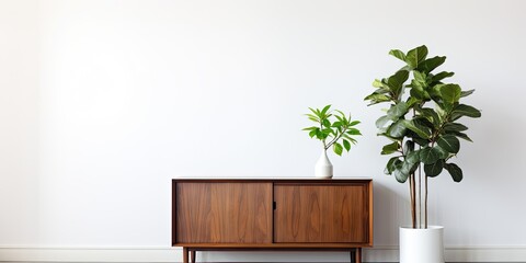 Stylish interior featuring a wooden cabinet and lovely houseplant beside a white wall.