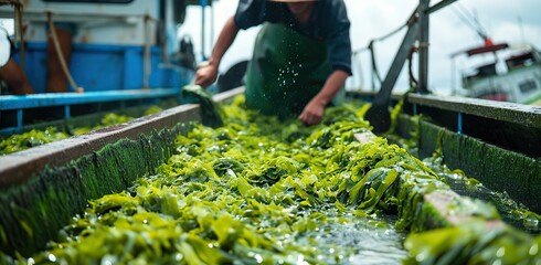 Worker at a seaweed farm tending to the harvest. Marine agriculture concept.