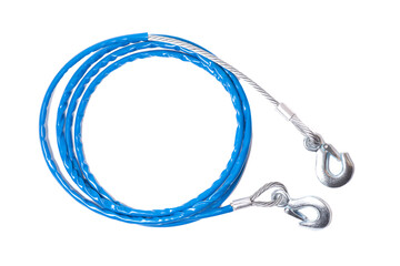 steel car tow rope with hooks in blue braid isolated on white background - obrazy, fototapety, plakaty