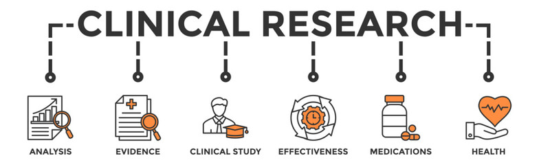 Clinical research banner web icon vector illustration concept with icon of analysis, evidence, clinical study, effectiveness, medications and health