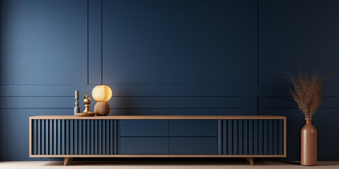 Living room wall mockup with cabinet on dark blue background, ing. - obrazy, fototapety, plakaty