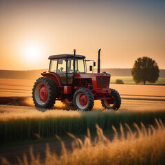 Tractor in a field against the background of sunrise