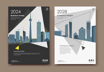Abstract a4 brochure cover design. Ad text frame. Urban city view font. Title sheet model. Modern vector front page. Brand logo. Banner texture. Black, white triangle, Yellow line icon. Flyer fiber