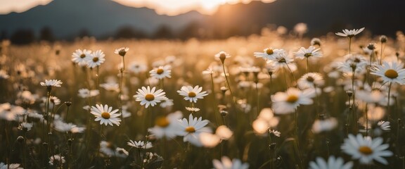 The landscape of white daisy blooms in a field, with the focus on the setting sun. The grassy meadow