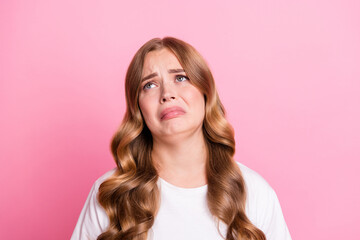 Photo of young girl unhappy sad moody looking empty space offended crying when conflict with...