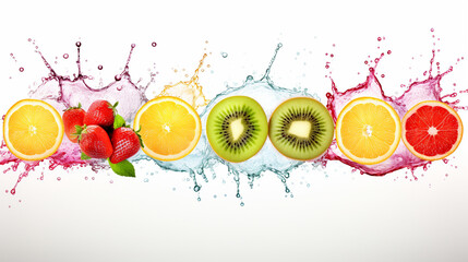 Collection of rainbow colored fruit stripes with splashes on a white background, Generate AI