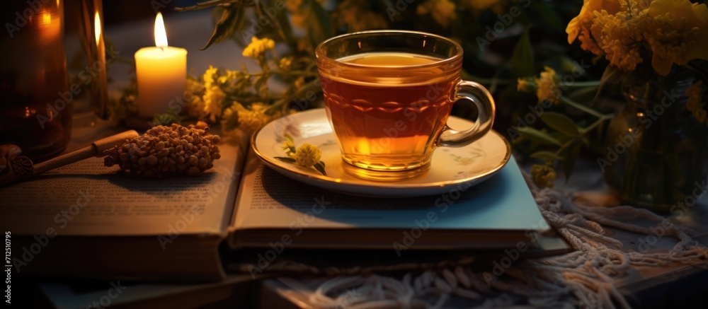 Canvas Prints Enjoy a relaxing, energizing time at home with a soothing tea blend of turmeric, ginger, and lemon during sunset.